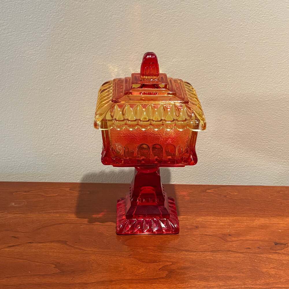 Vintage Red Amber Flashed Glass Pedestal Candy Dish Compote With Lid 8"